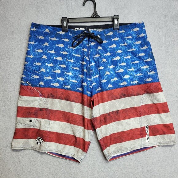 Pelagic Sharkskin Board Shorts Mens 38 Swim Americamo USA Flag Fishing Linerless - Picture 1 of 9